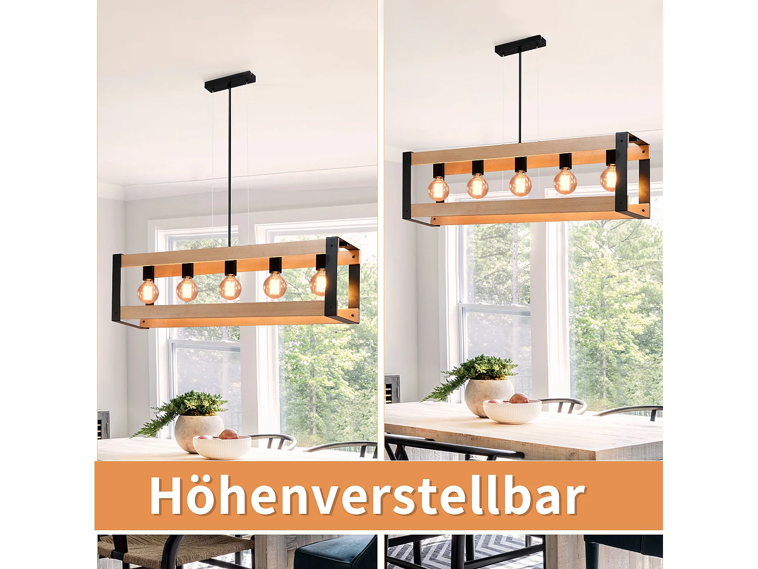 NETTLIFE Hanglamp - 5xE27 - zwart - hout Design - vintage eetkamerlamp - metalen hanglamp - in hoogte verstelbaar - voor eetkamer | keuken | woonkamer | restaurant