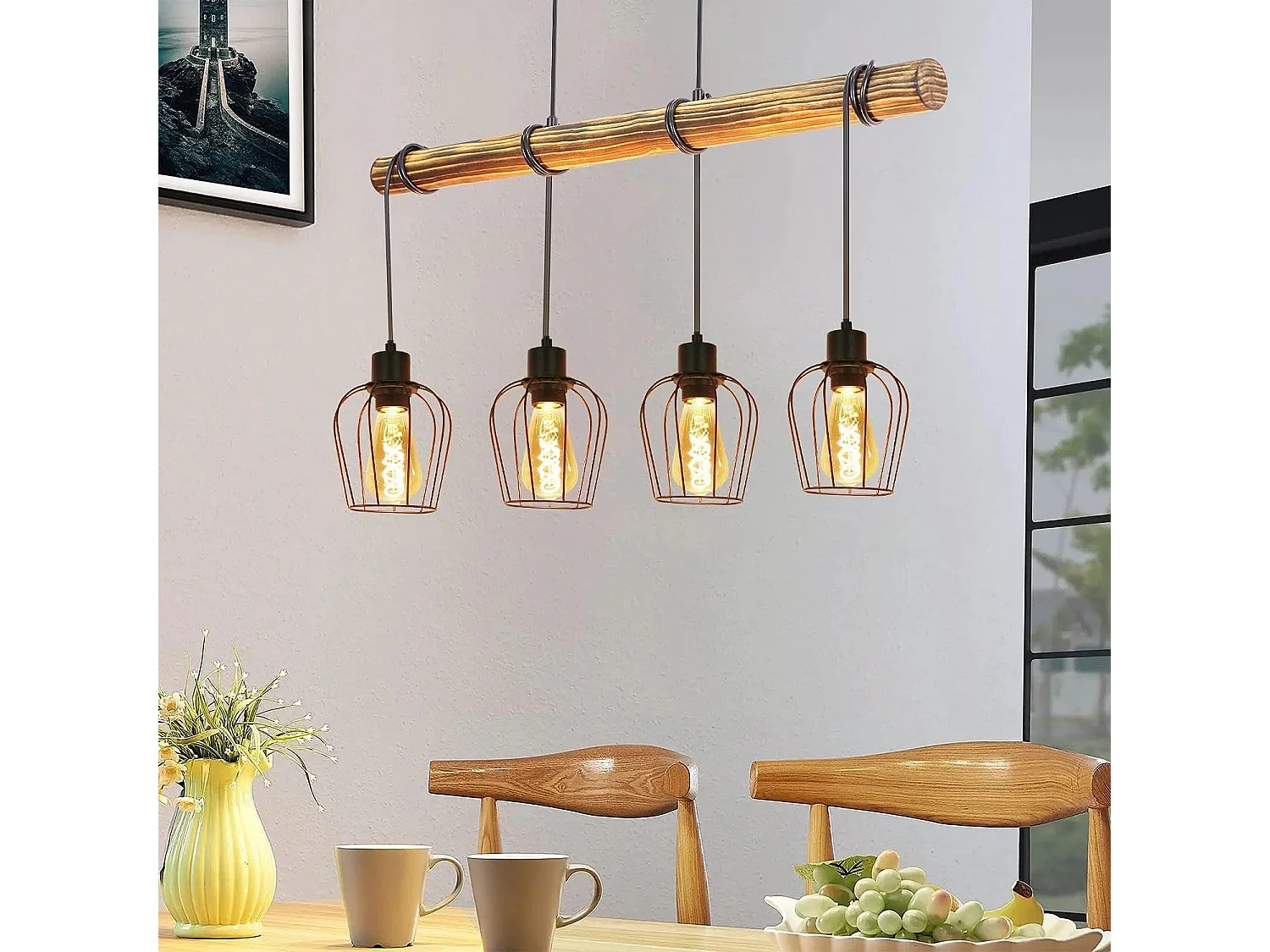 NETTLIFE Suspension rétro lampe à suspension vintage en bois industriel noir E27