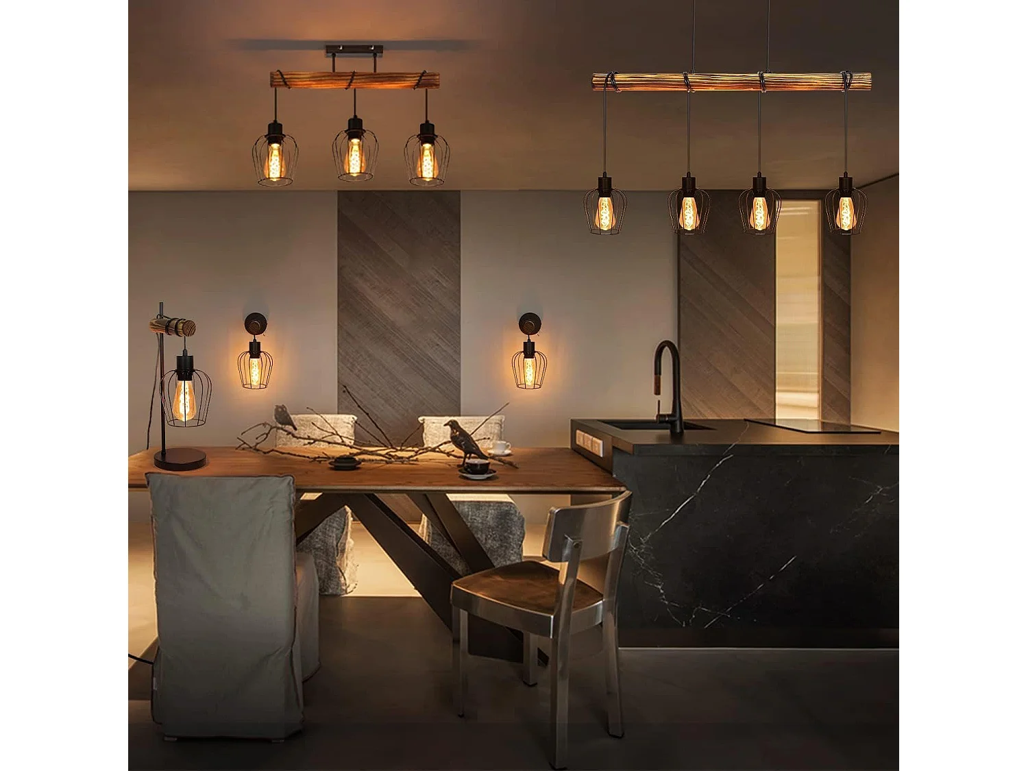 NETTLIFE Suspension rétro lampe à suspension vintage en bois industriel noir E27