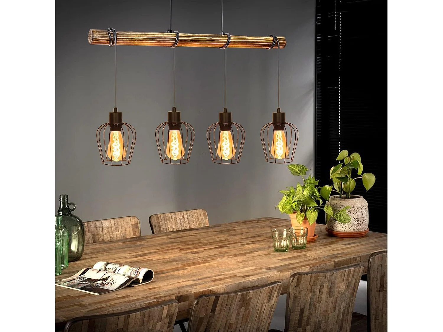 NETTLIFE Suspension rétro lampe à suspension vintage en bois industriel noir E27