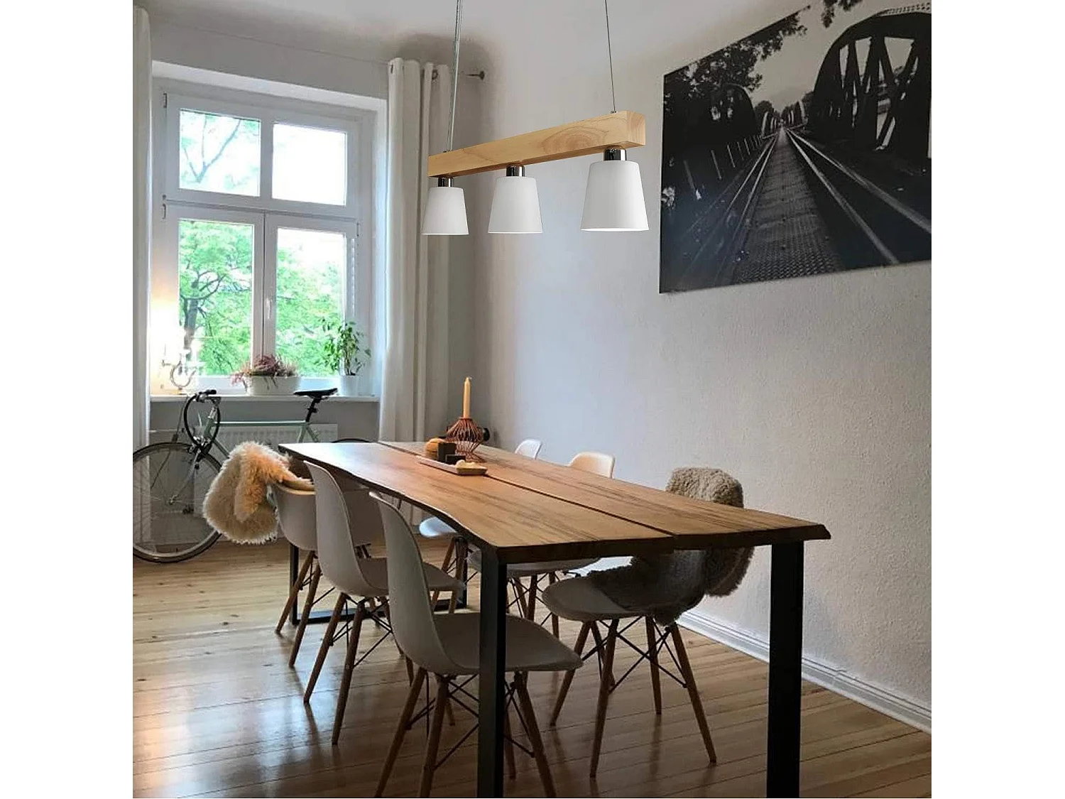 NETTLIFE Suspension Bois 3 Flammes Blanc Chaud Vintage Réglable en Hauteur Blanc E27 MAX.25W