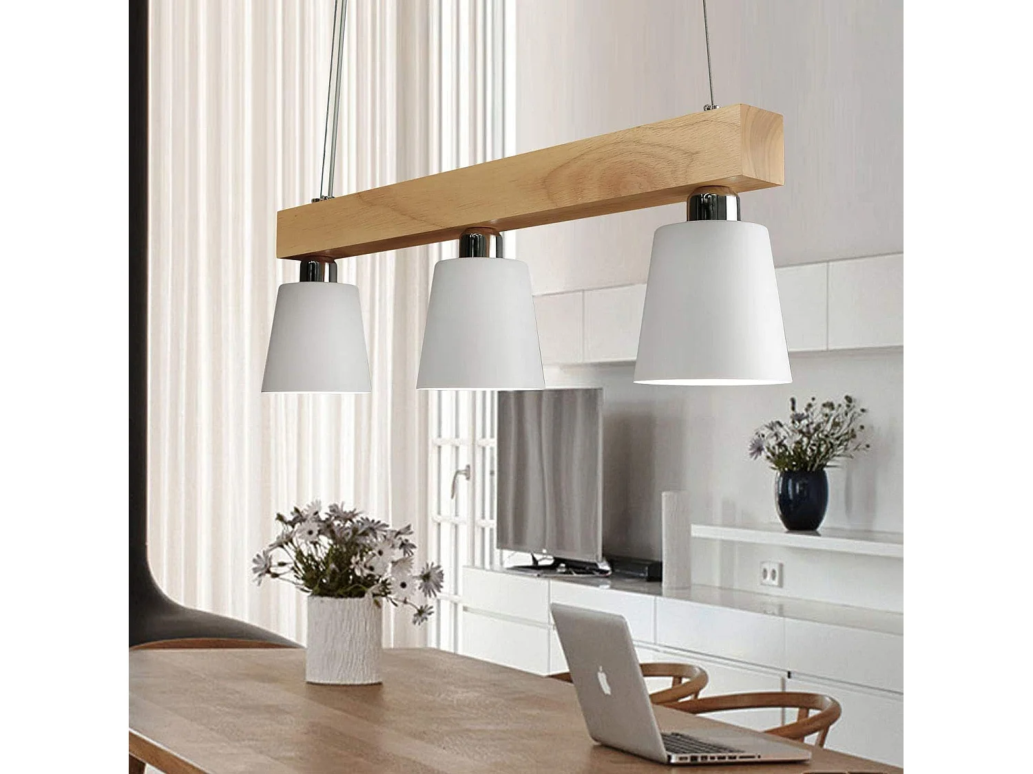 NETTLIFE Suspension Bois 3 Flammes Blanc Chaud Vintage Réglable en Hauteur Blanc E27 MAX.25W