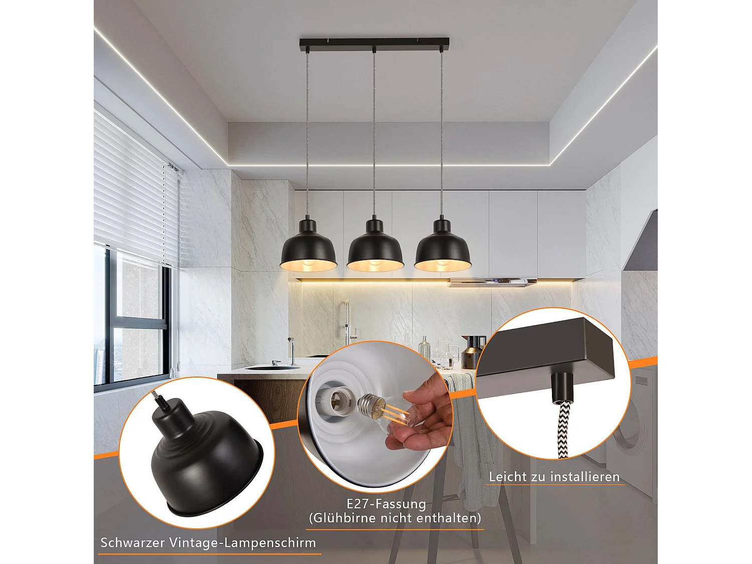 NETTLIFE Lampa wisząca w stylu vintage 3 płomienie Retro przemysłowa czarna lampa stołowa E27