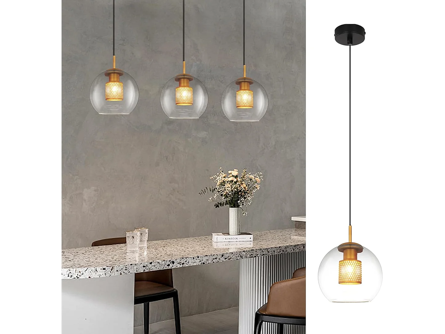 NETTLIFE Hanglamp Glas - 1-Lichts - E27 Fitting - Zwart Goud - rond - Metaal -Modern Eetkamerlamp - voor Keuken | Woonkamer | Slaapkamer | Eettafel - zonder Lamp