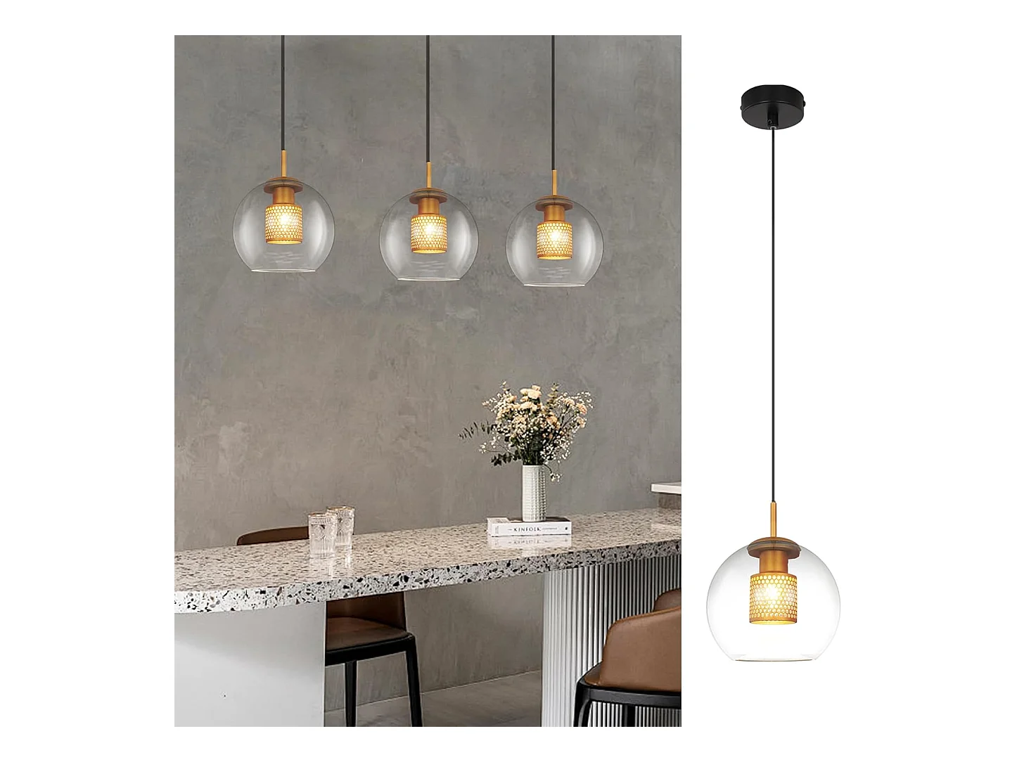 NETTLIFE Suspension table de salle à manger en verre - 1 flamme Vintage E27 Lampe à suspendre noir