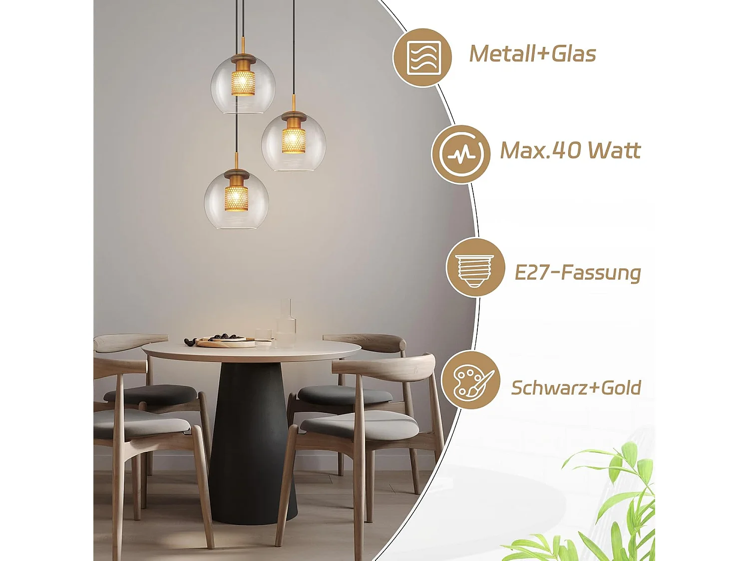 NETTLIFE Hanglamp Glas - 1-Lichts - E27 Fitting - Zwart Goud - rond - Metaal -Modern Eetkamerlamp - voor Keuken | Woonkamer | Slaapkamer | Eettafel - zonder Lamp