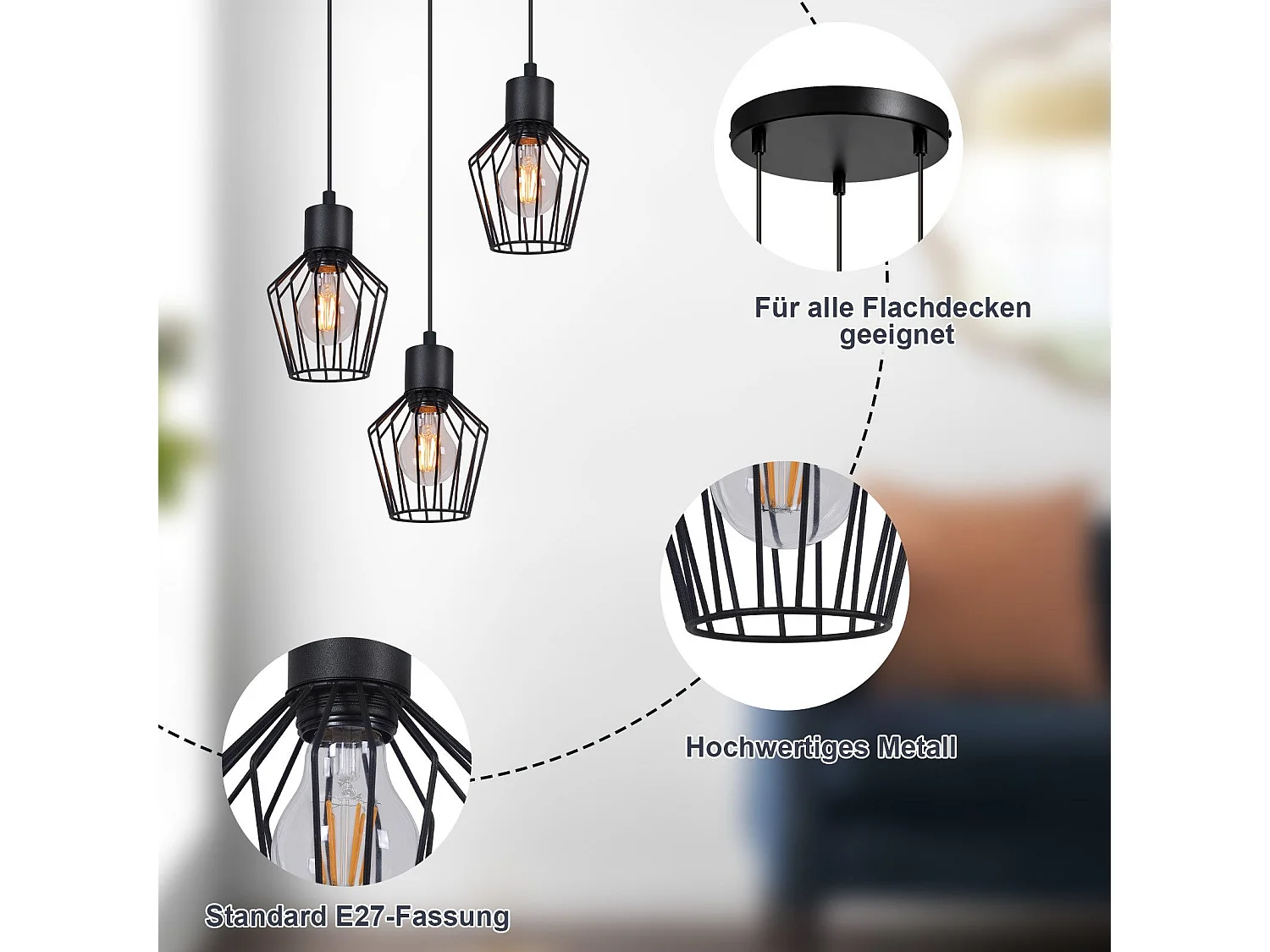 NETTLIFE Hanglamp E27 3-Lichts Zwart Metaal Vintage Pendellamp kooivorm Eettafel Pendellamp MAX.25W Retro Woonkamerlamp voor Keuken | Slaapkamer | Cafe | Woonkamer