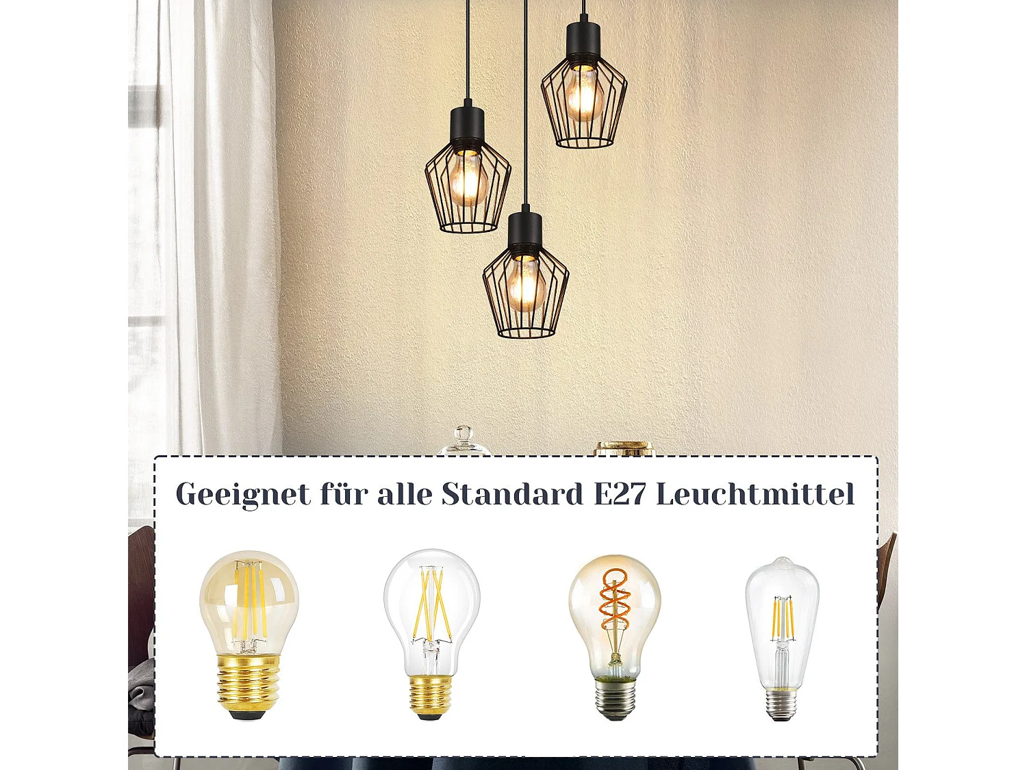 NETTLIFE Hanglamp E27 3-Lichts Zwart Metaal Vintage Pendellamp kooivorm Eettafel Pendellamp MAX.25W Retro Woonkamerlamp voor Keuken | Slaapkamer | Cafe | Woonkamer