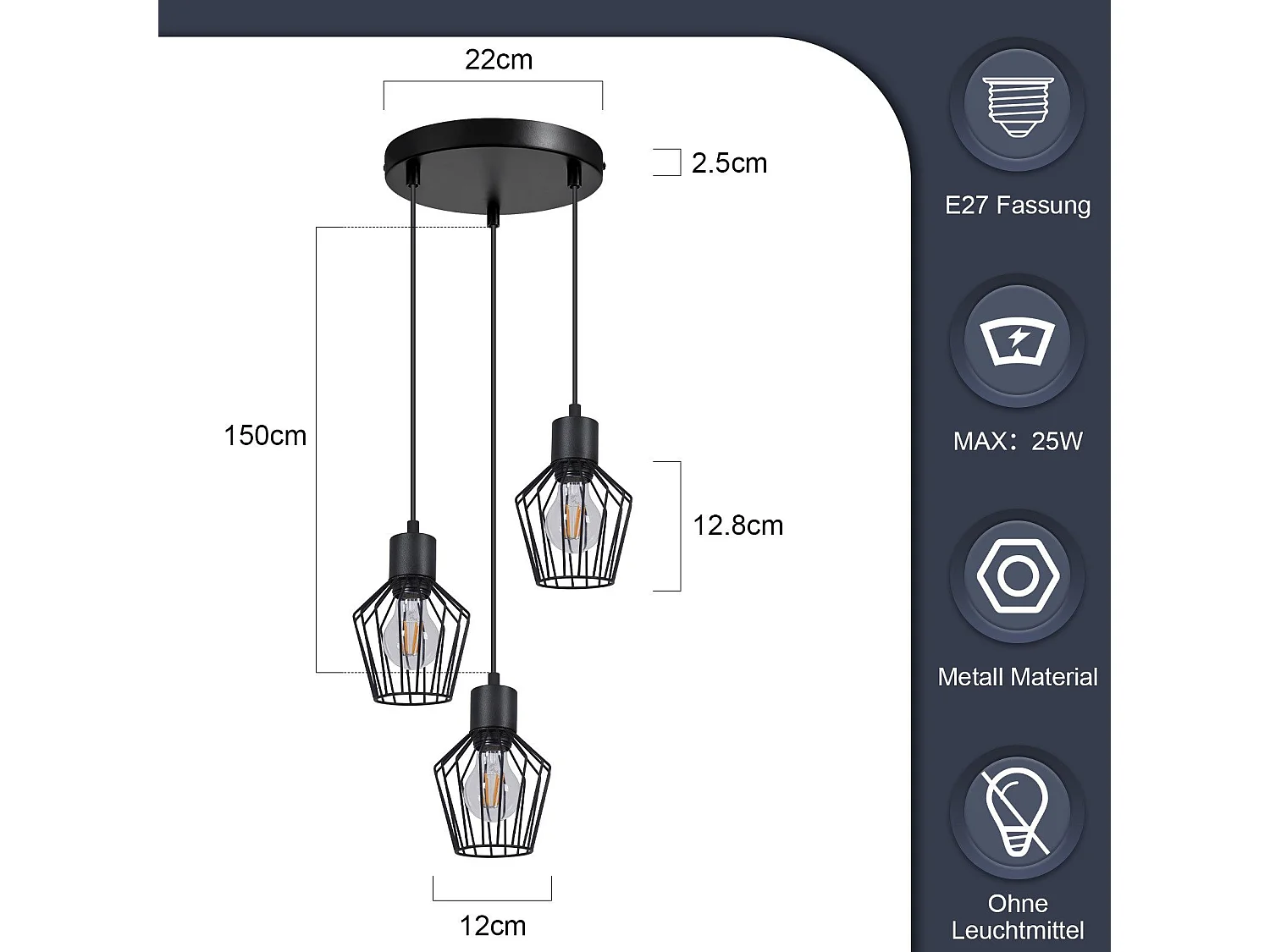 NETTLIFE Hanglamp E27 3-Lichts Zwart Metaal Vintage Pendellamp kooivorm Eettafel Pendellamp MAX.25W Retro Woonkamerlamp voor Keuken | Slaapkamer | Cafe | Woonkamer