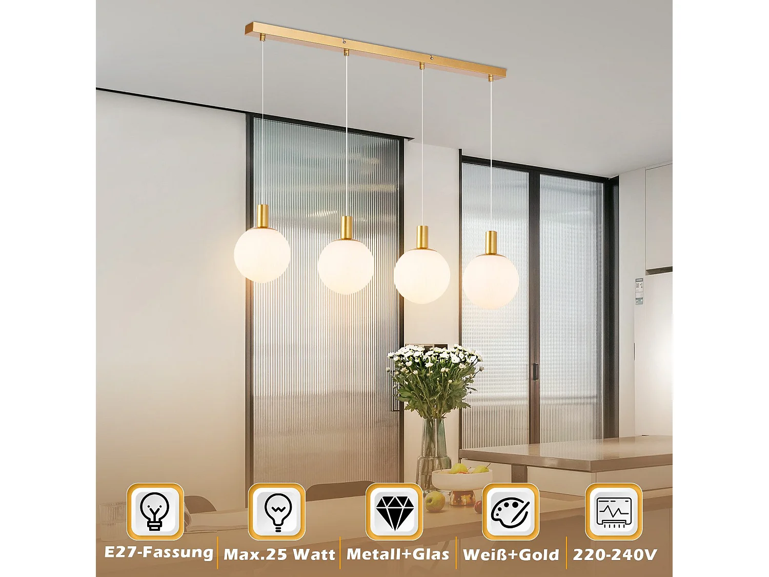 NETTLIFE Suspensiones de vidrio E27, Suspensión de 4 luces, colgante, Altura regulable, Lámpara colgante moderna