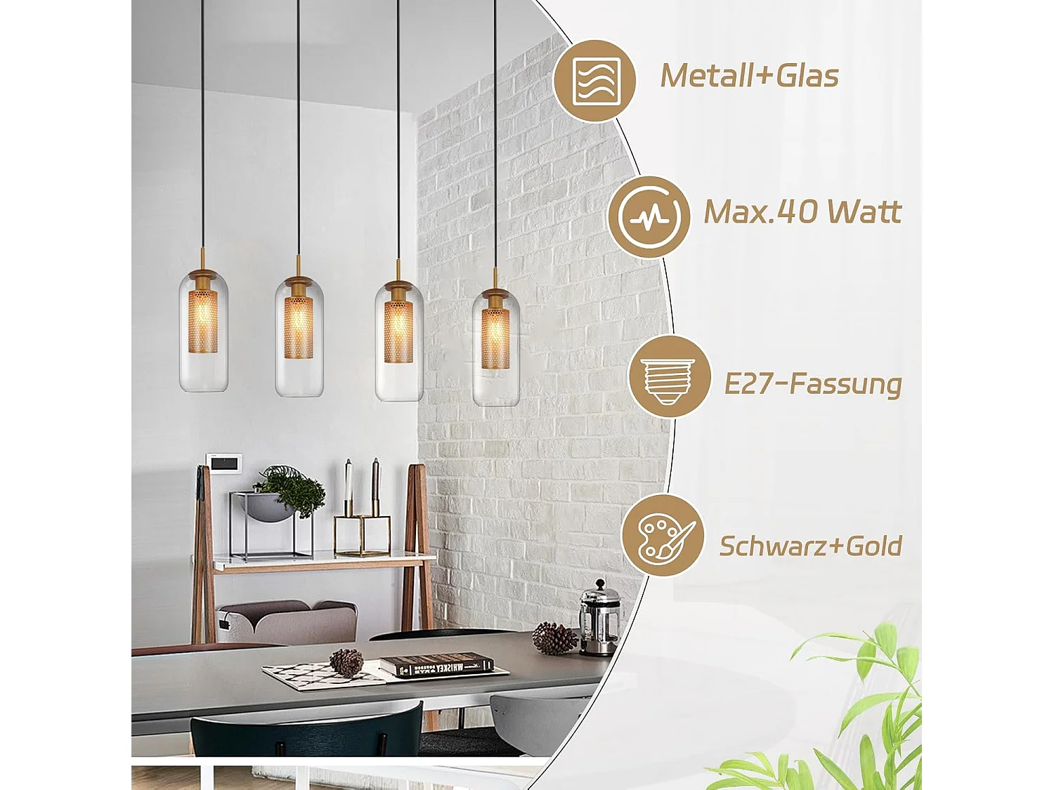 NETTLIFE Hanglamp Glas - 1-Lichts - E27 Fitting - Zwart Goud - ovaal - Metaal -Modern Eetkamerlamp - voor Keuken | Woonkamer | Slaapkamer | Eettafel - zonder Lamp