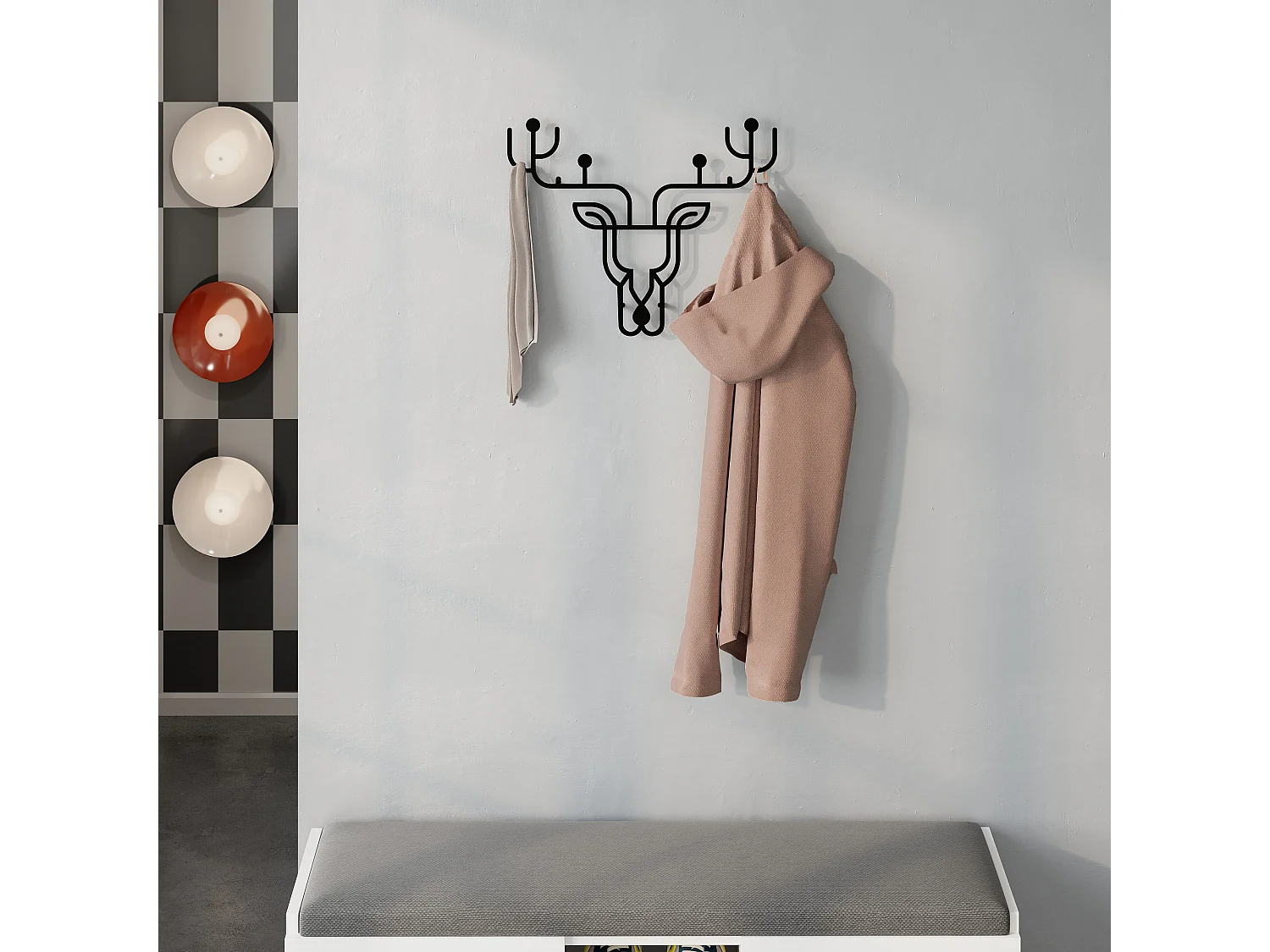 Decortie Noir 0.3x60x60cm Porte-manteau mural avec crochets Métal Cerf