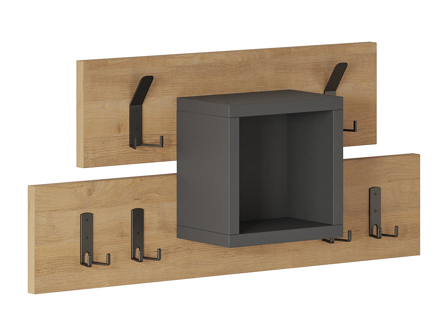 Decortie Chêne, Gris Anthracite 14.8x68cm Porte-manteau mural avec 6 Métal crochets, Panneau de particules, Rangement d'étagère