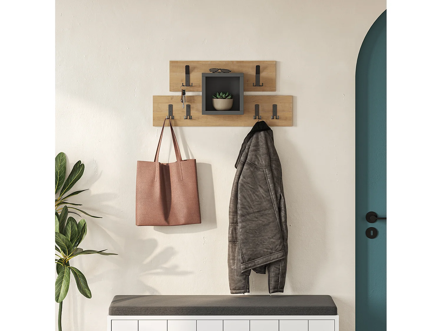 Decortie Chêne, Gris Anthracite 14.8x68cm Porte-manteau mural avec 6 Métal crochets, Panneau de particules, Rangement d'étagère