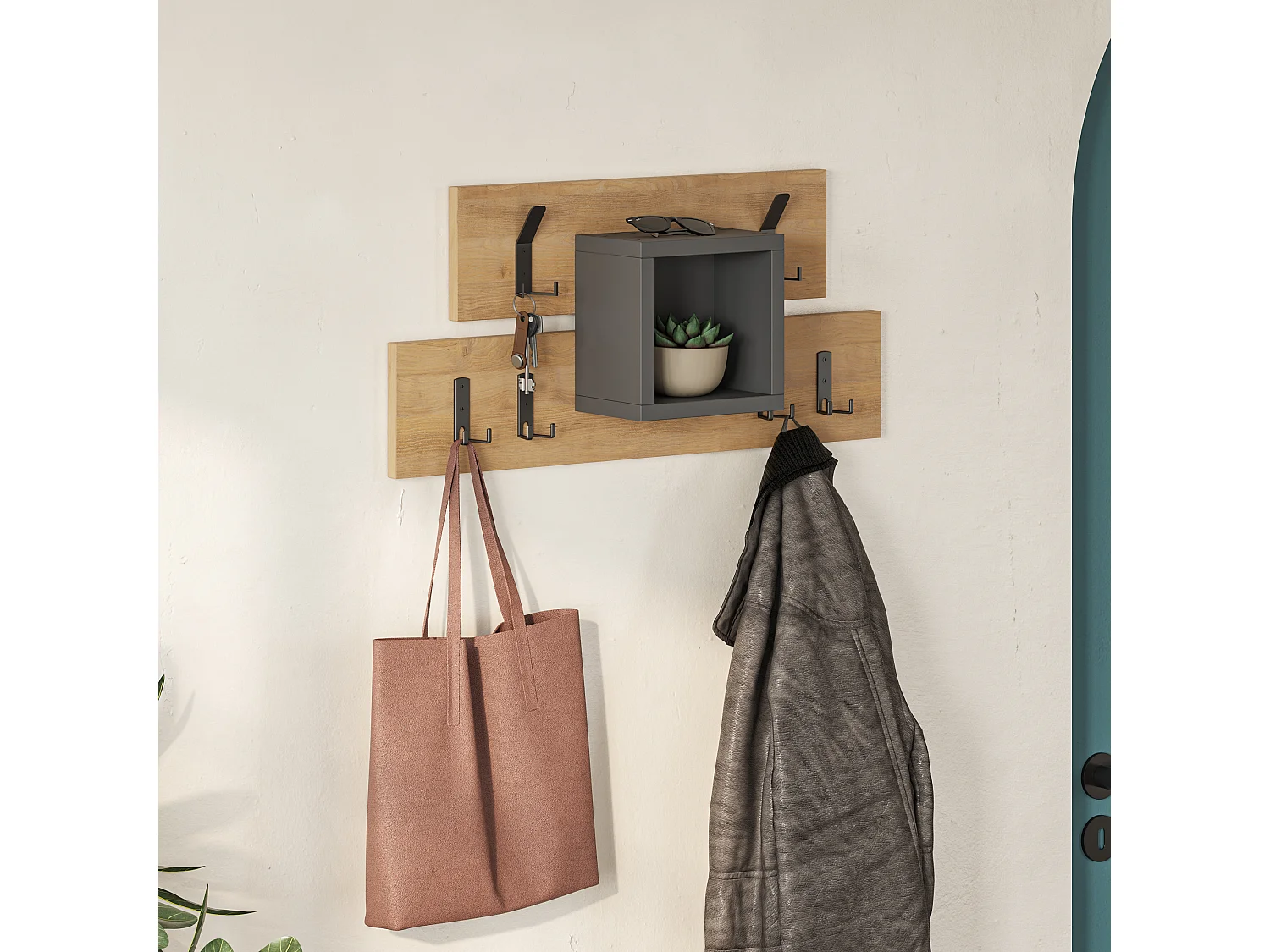 Decortie Chêne, Gris Anthracite 14.8x68cm Porte-manteau mural avec 6 Métal crochets, Panneau de particules, Rangement d'étagère