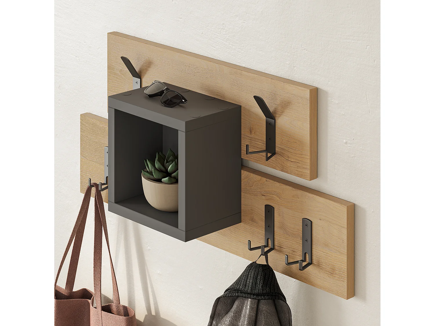 Decortie Chêne, Gris Anthracite 14.8x68cm Porte-manteau mural avec 6 Métal crochets, Panneau de particules, Rangement d'étagère