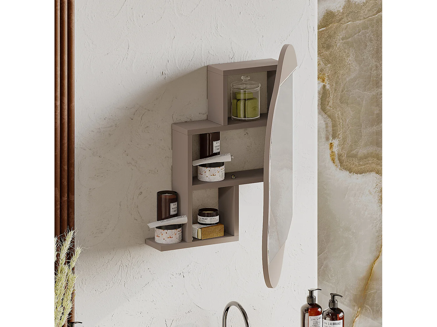 Decortie Mocha Gris 13x60x75cm Armoire de Salle de Bain Miroir avec Porte et Rangement Panneau de Particules Moderne Mural Cloud