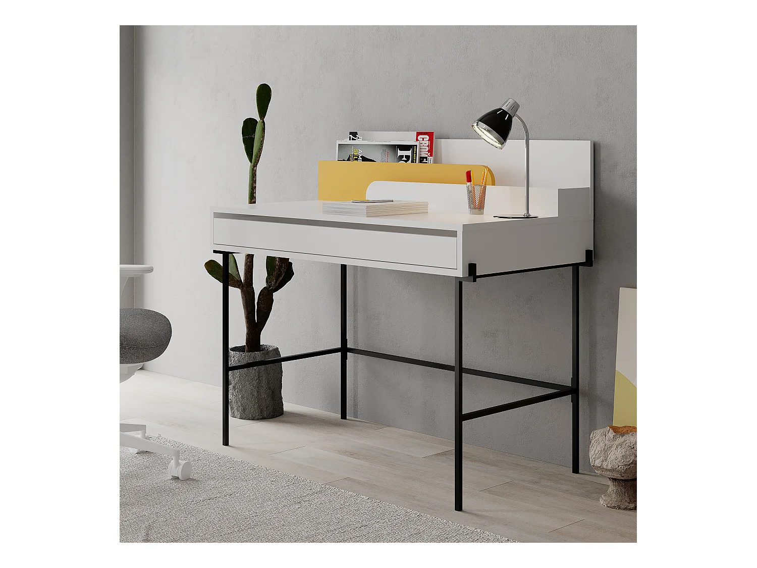 Decortie Wit 60x113.4x96.6cm Bureau met Metalen Poten Spaanplaat, Metaal Rechthoekige Bureautafel Leila