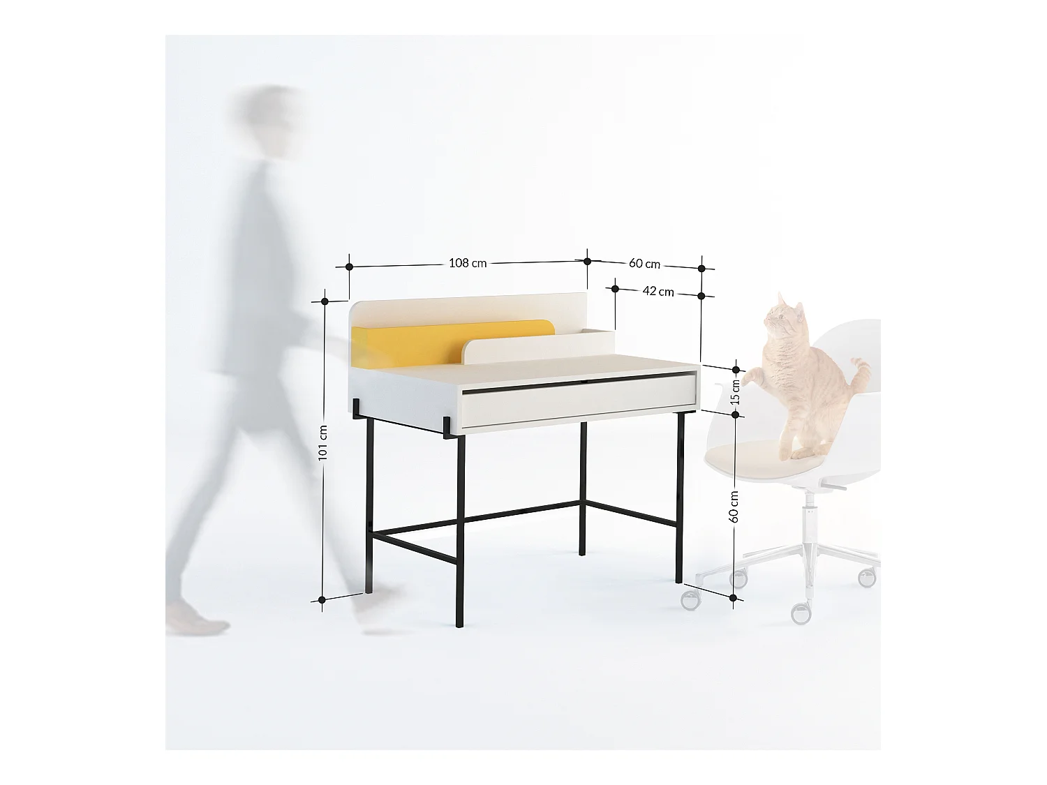 Decortie Wit 60x113.4x96.6cm Bureau met Metalen Poten Spaanplaat, Metaal Rechthoekige Bureautafel Leila