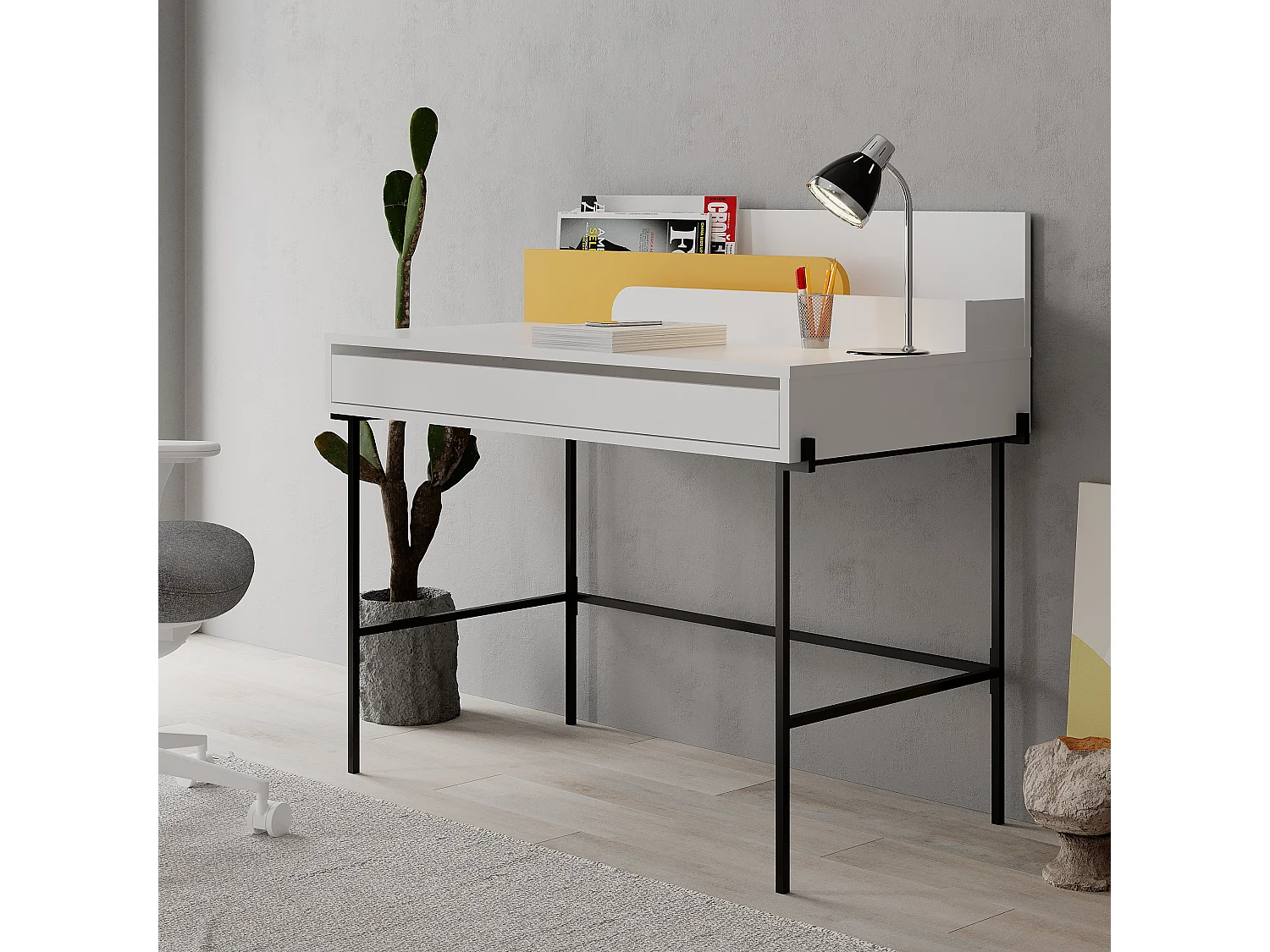 Decortie Wit 60x113.4x96.6cm Bureau met Metalen Poten Spaanplaat, Metaal Rechthoekige Bureautafel Leila