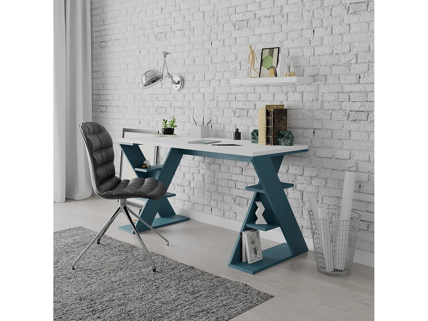 Schreibtisch Papillon-Weiß-Türkisblau,137 x 60 x 75 cm