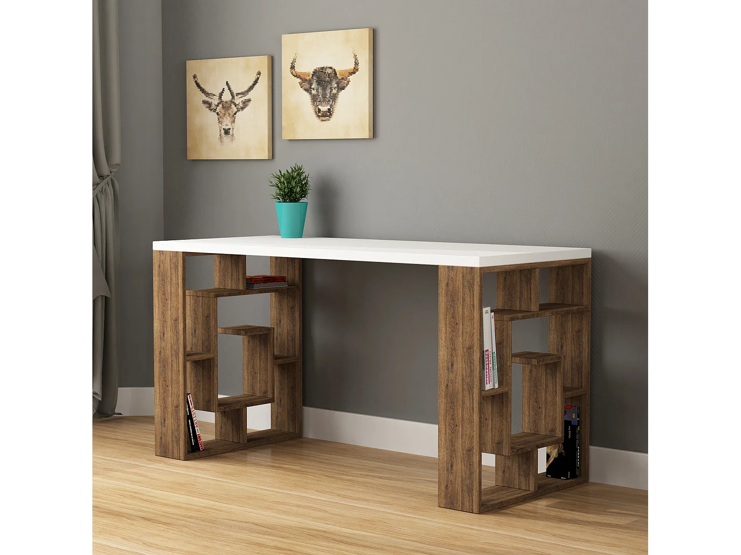 Arbeitstisch LABIRENT-Weiß-Eiche dunkel - 137 x 60 x 75 cm