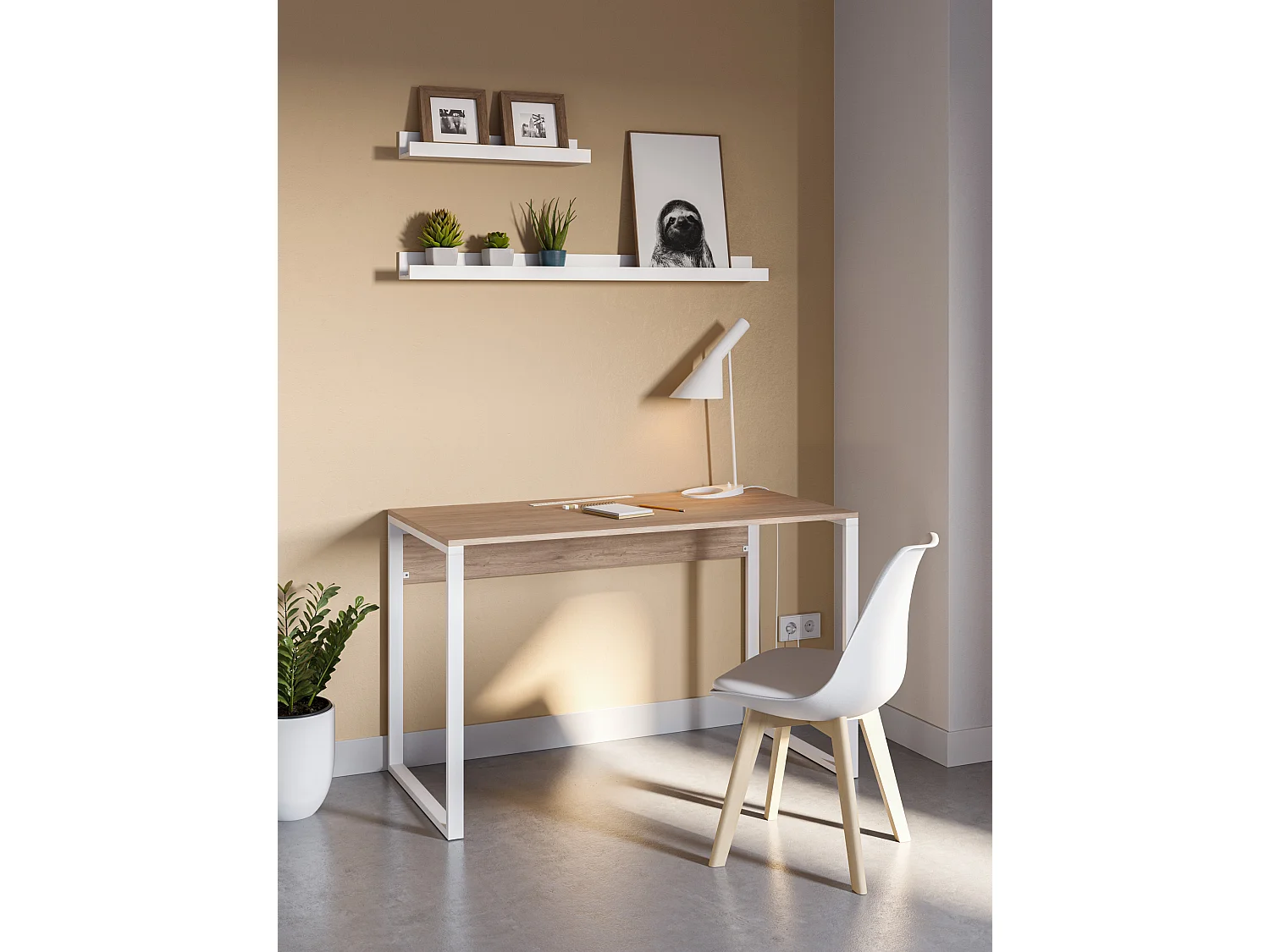 Decortie Chêne (Pied en Métal Blanc) 60x110x75cm Bureau avec pieds en métal Aggloméré, Table de bureau rectangulaire Inna