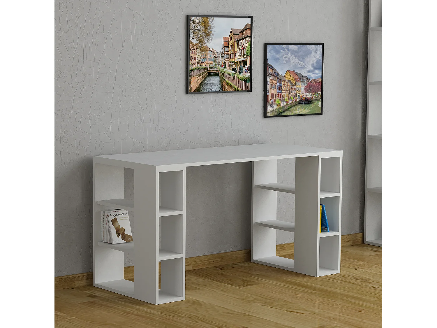Decortie Wit 60x140x75cm Bureau met 6-laags plankopslag Spaanplaat Rechthoekige Bureautafel Colmar