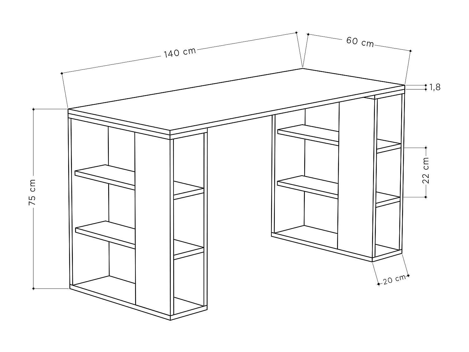 Decortie Wit 60x140x75cm Bureau met 6-laags plankopslag Spaanplaat Rechthoekige Bureautafel Colmar