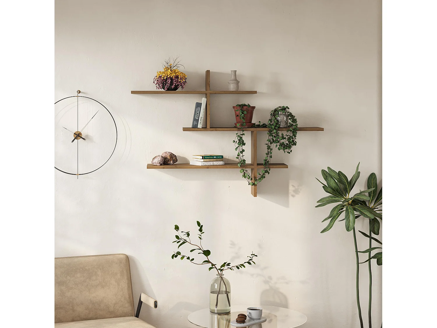 Decortie Effet Chêne Foncé 22x123x80.5cm Étagère murale flottante à 3 niveaux Panneau de particules Unité d'affichage Leo