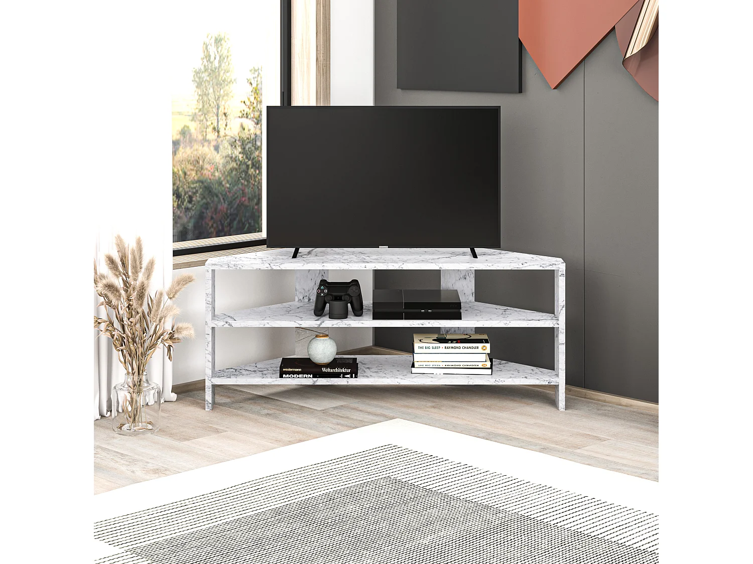 Decortie Effet Marbre Blanc 36x110x45cm Meuble TV d'angle pour TV jusqu'à 32" en aggloméré Centre multimédia Thales