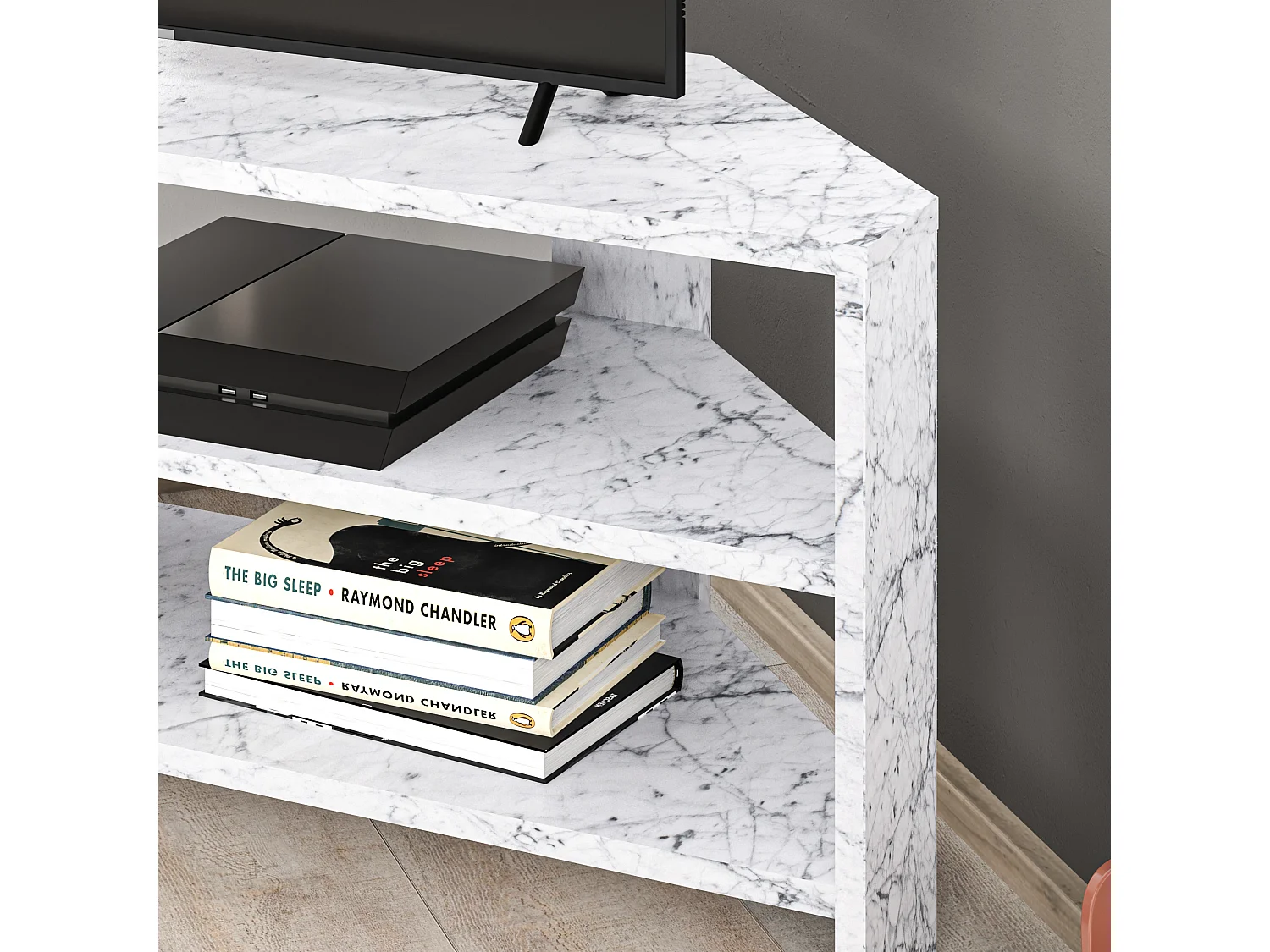 Decortie Effet Marbre Blanc 36x110x45cm Meuble TV d'angle pour TV jusqu'à 32" en aggloméré Centre multimédia Thales