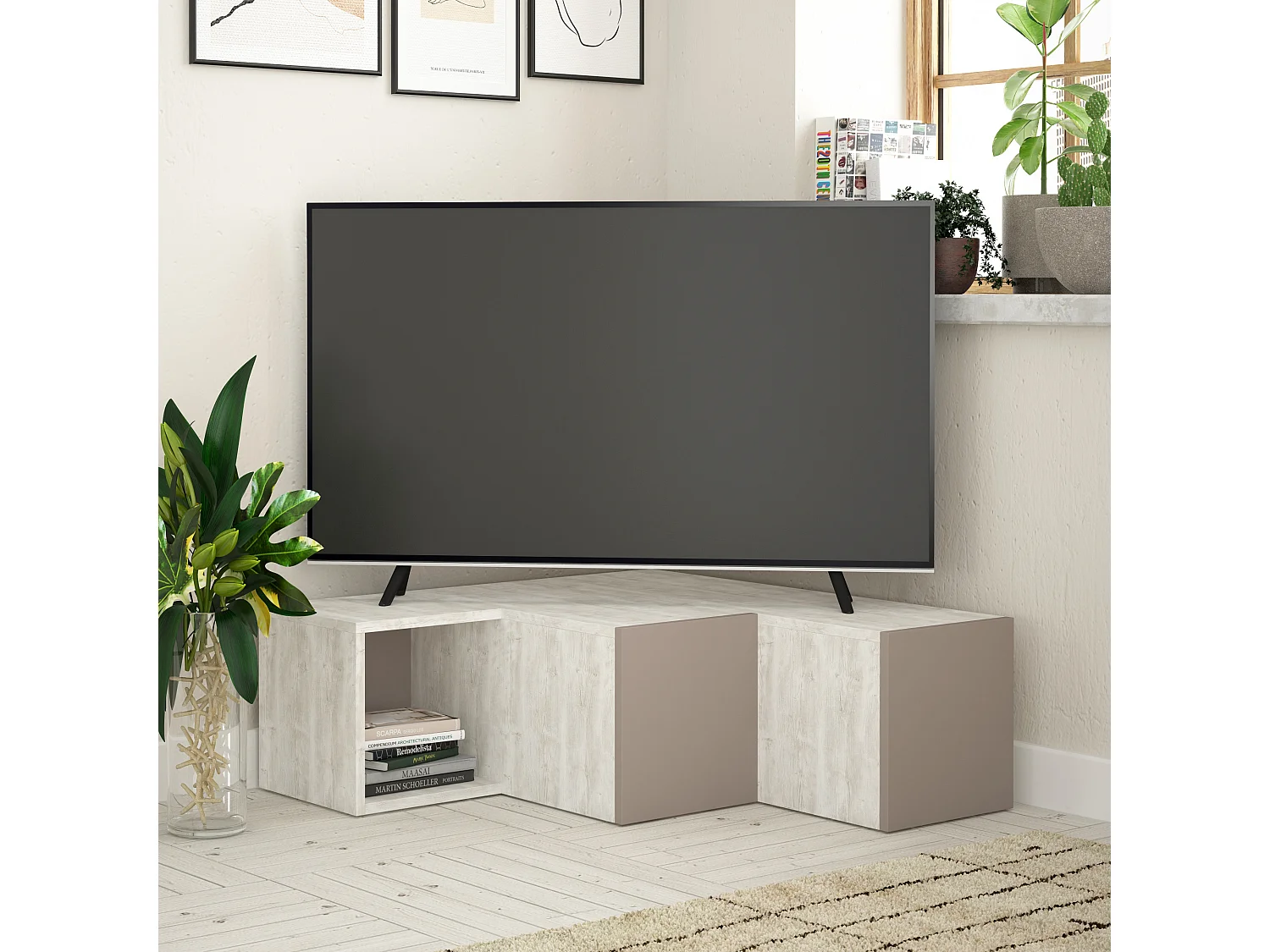 TV - Ständer COMPACT -Altweiß-Mokka Grau - 94,2 x 90,6 x 31,4 cm