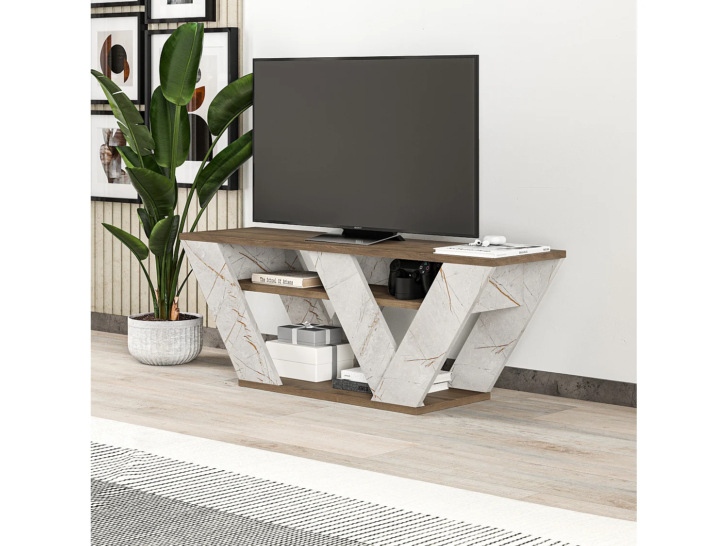 Decortie Chêne Foncé, Effet Marbre Doré 30x110x40cm Meuble TV Jusqu'à 42" Pouces TV's Panneau de Particules Centre Multimédia