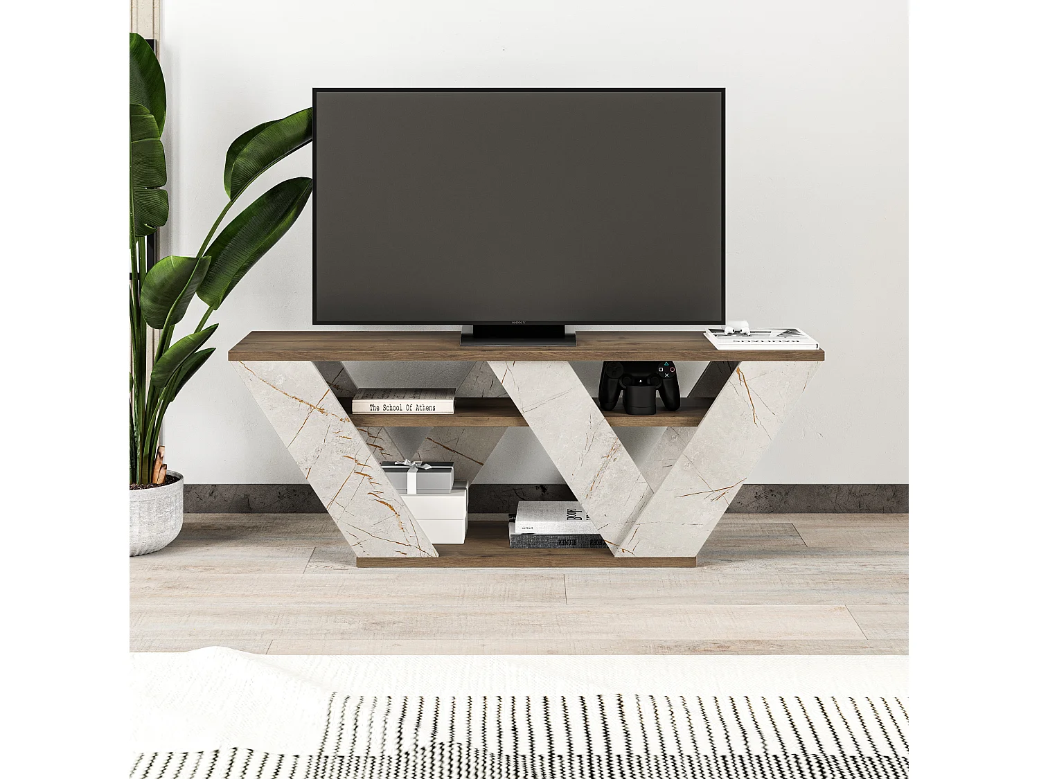 Decortie Chêne Foncé, Effet Marbre Doré 30x110x40cm Meuble TV Jusqu'à 42" Pouces TV's Panneau de Particules Centre Multimédia