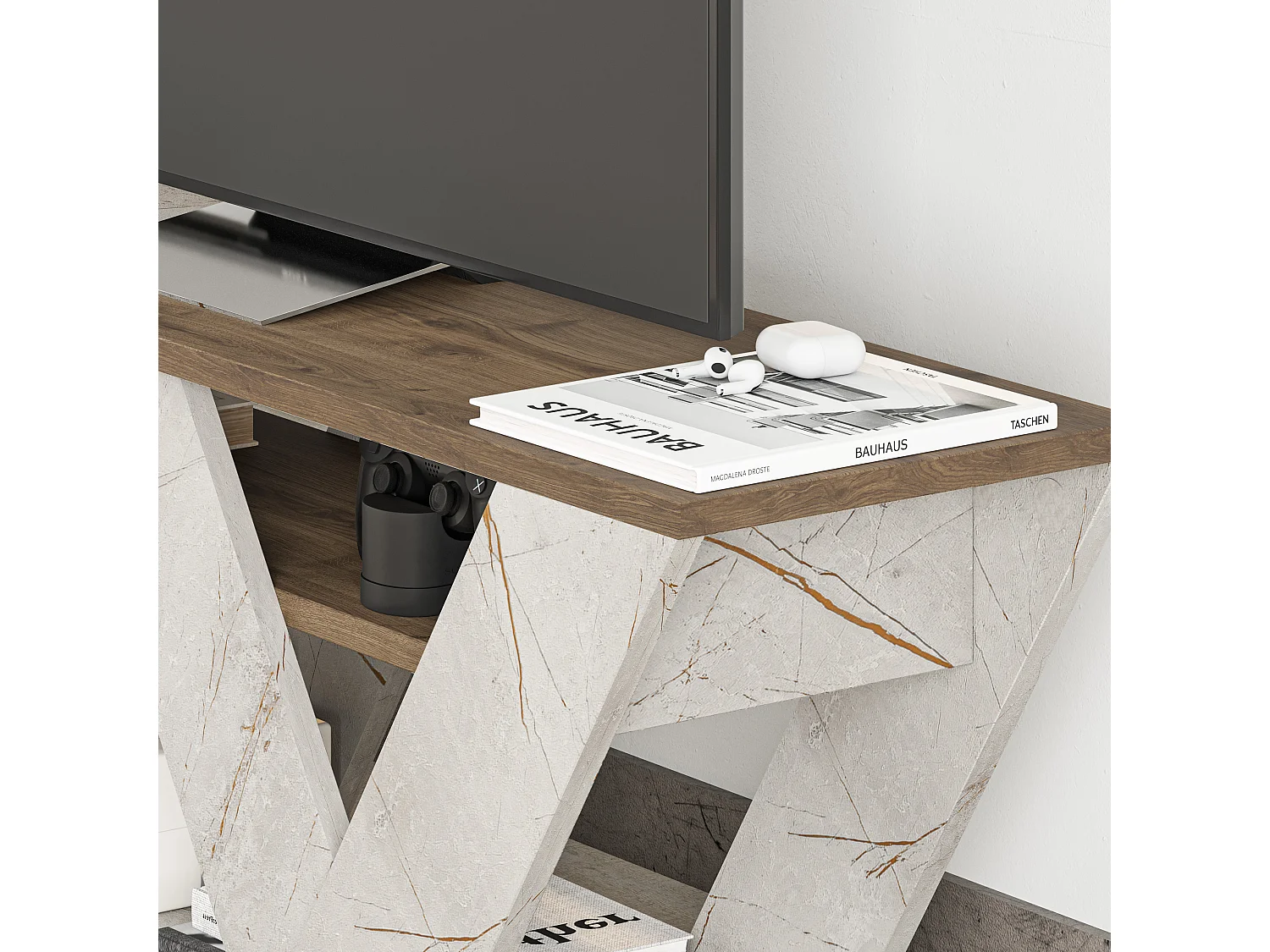 Decortie Chêne Foncé, Effet Marbre Doré 30x110x40cm Meuble TV Jusqu'à 42" Pouces TV's Panneau de Particules Centre Multimédia