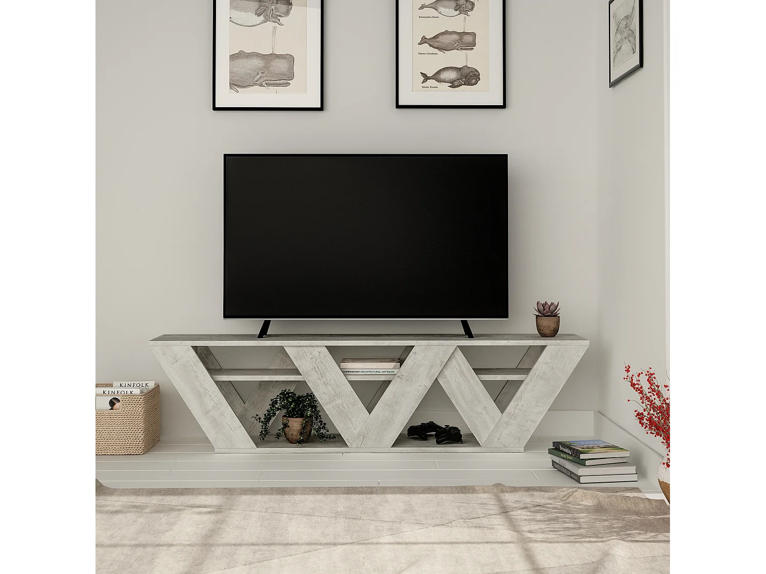 Decortie Blanc 30x158x40cm Meuble TV Jusqu'à 65" Pouces TV's Panneau de Particules Centre Multimédia Ralla
