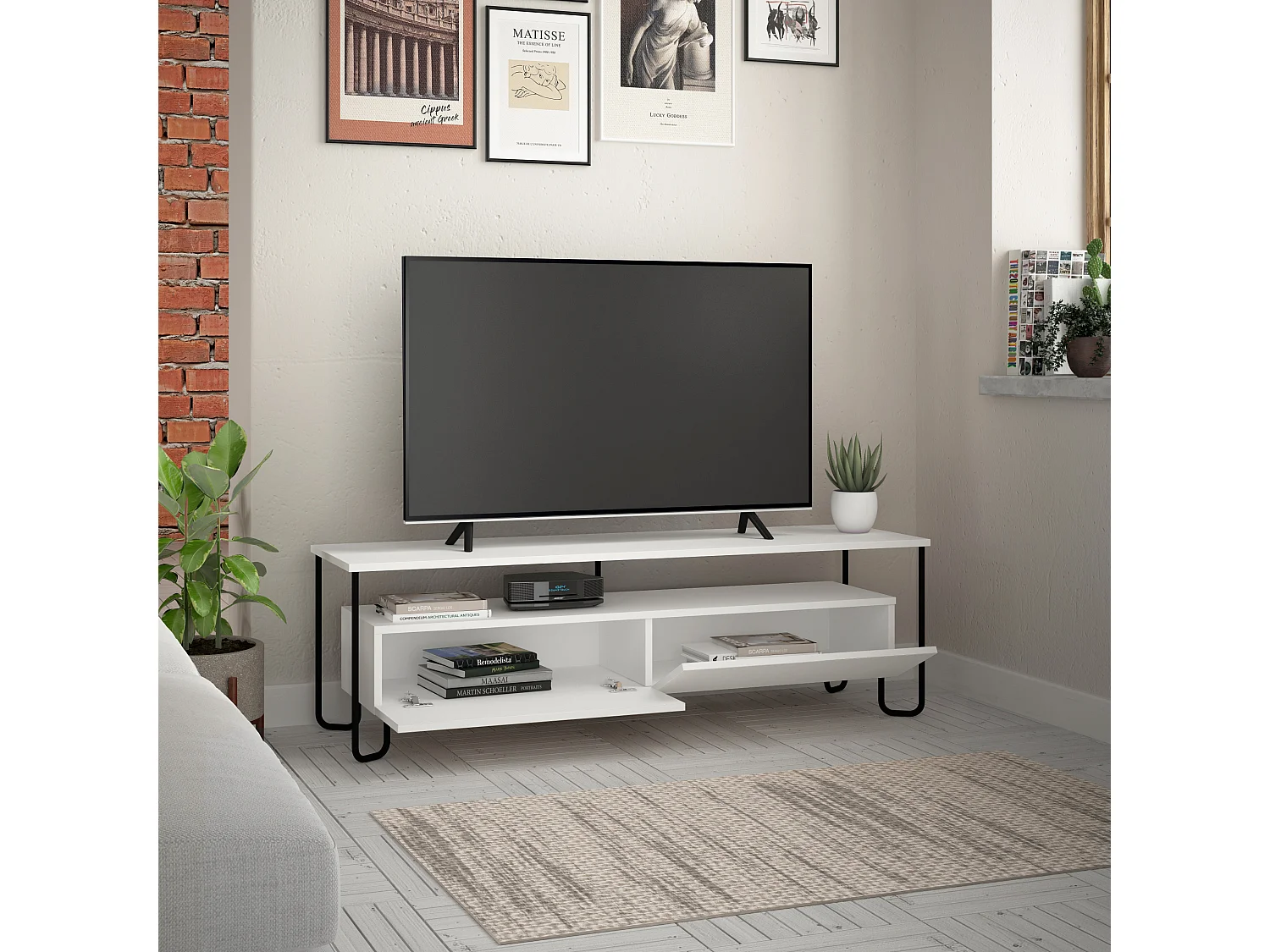 Decortie Blanc 42x150x45cm Meuble TV Jusqu'à 65" Pouces Panneau de Particules, Métal Centre Multimédia Cornea