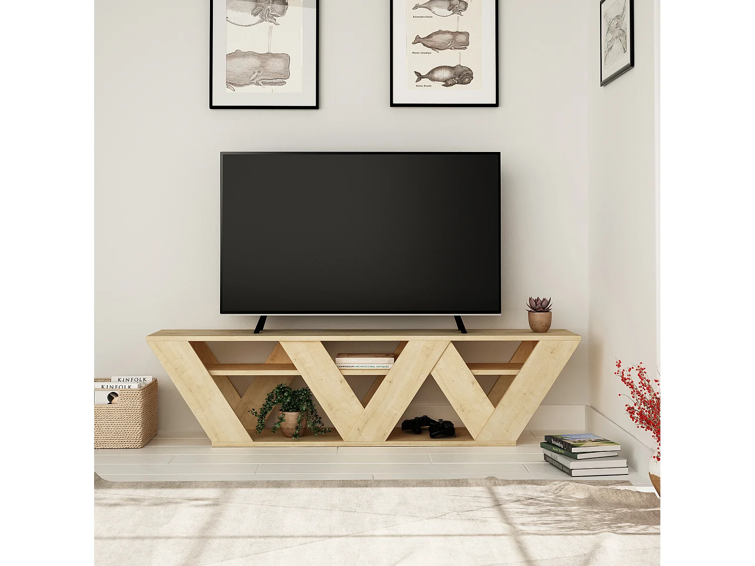 Decortie Chêne 30x158x40cm Meuble TV Jusqu'à 65" Pouces TV's Panneau de Particules Centre Multimédia Ralla