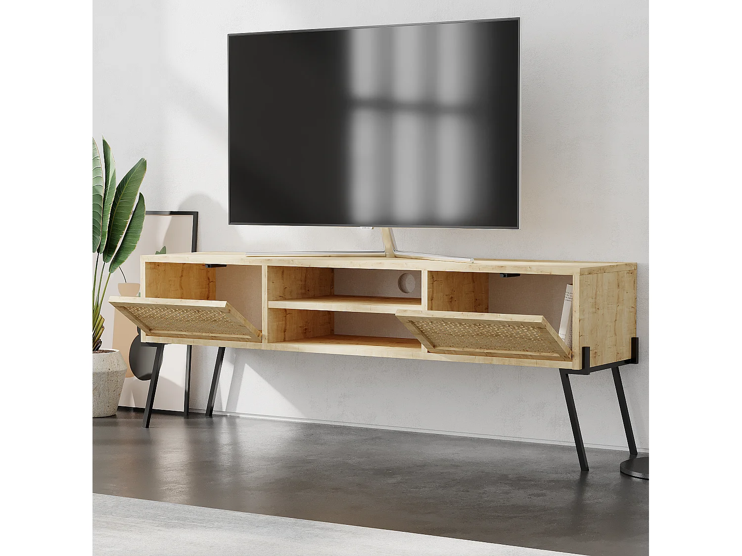 Decortie Chêne 35.6x140cm Meuble TV pour téléviseurs jusqu'à 60" Panneau de particules, Pied en métal multimédia rectangulaire