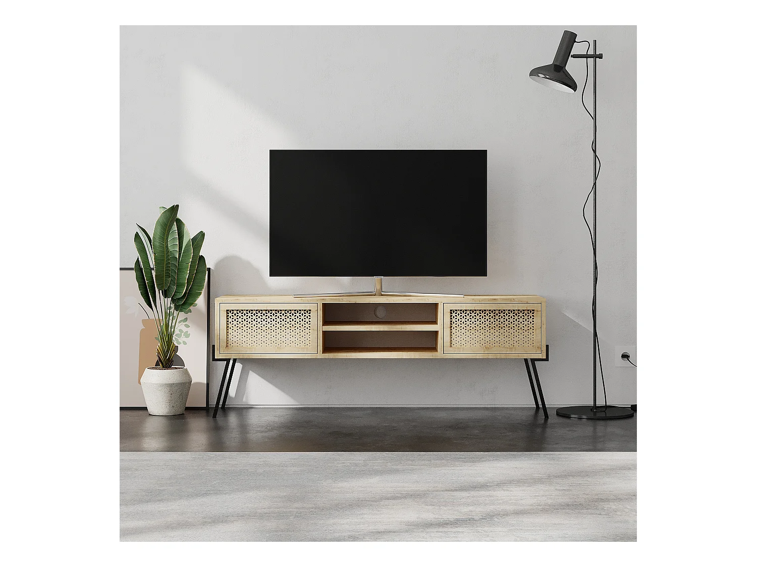 Decortie Chêne 35.6x140cm Meuble TV pour téléviseurs jusqu'à 60" Panneau de particules, Pied en métal multimédia rectangulaire