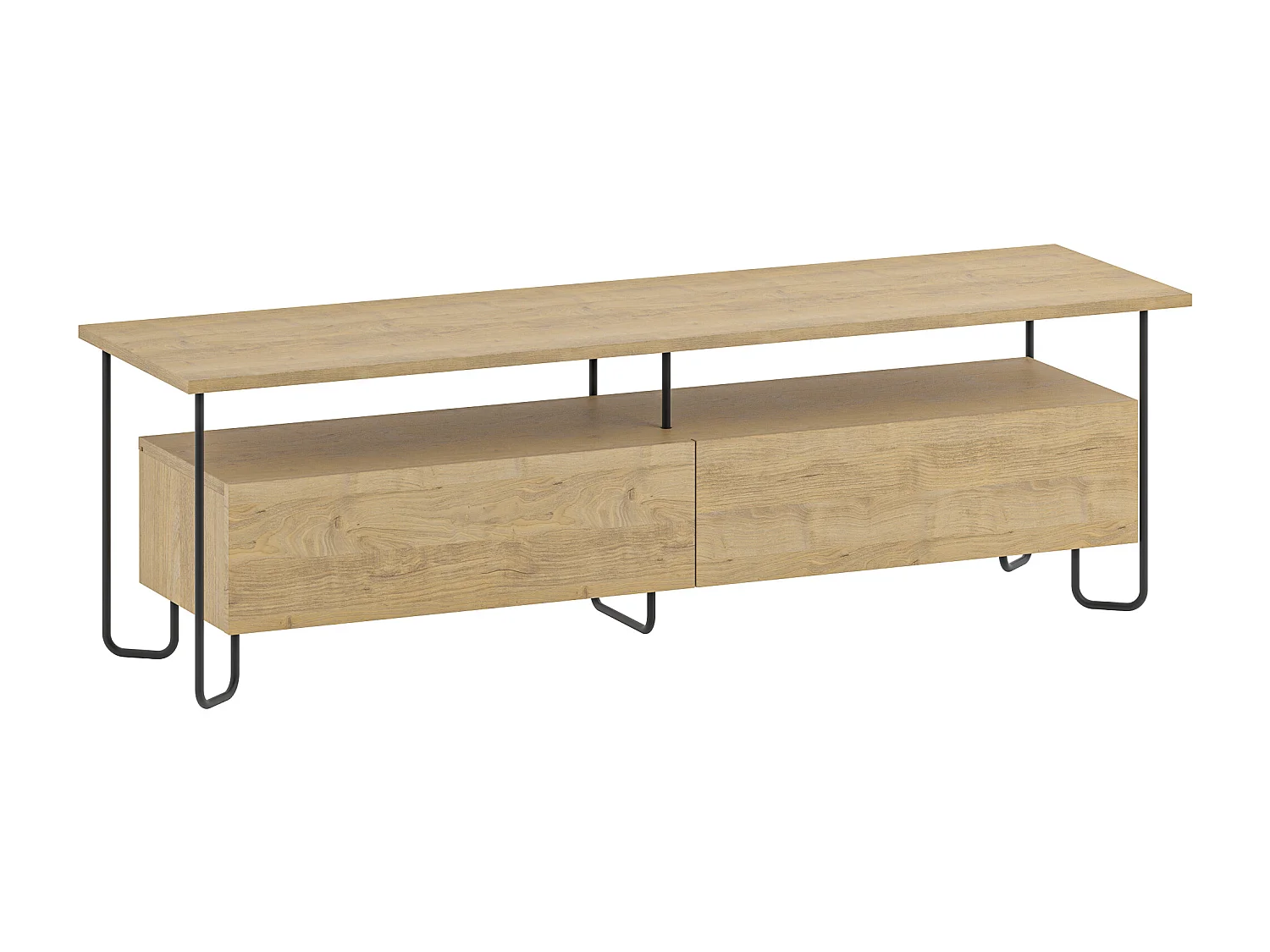 Decortie Chêne 42x150x45cm Meuble TV Jusqu'à 65" Pouces Panneau de Particules, Métal Centre Multimédia Cornea