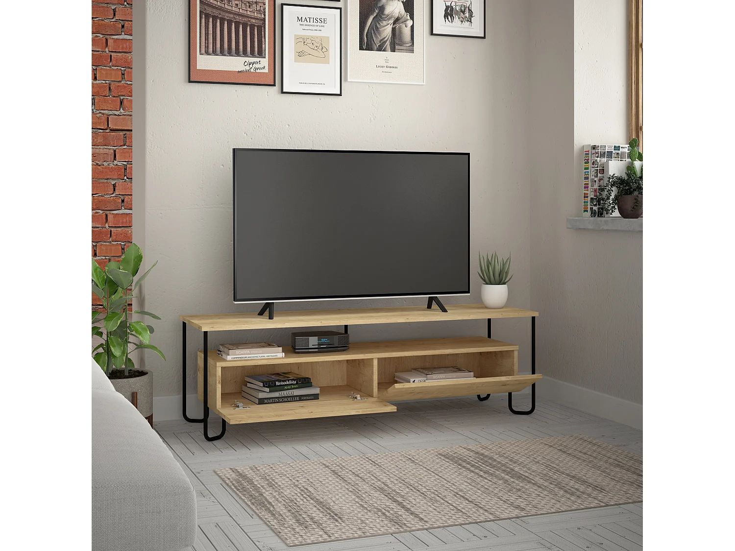 Decortie Chêne 42x150x45cm Meuble TV Jusqu'à 65" Pouces Panneau de Particules, Métal Centre Multimédia Cornea