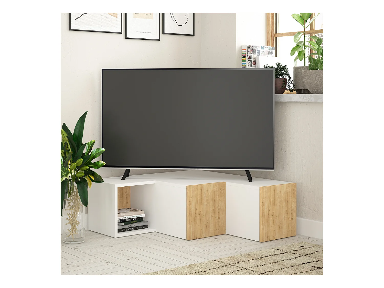 Decortie Blanc 90.6x94.2x31.4cm Meuble TV d'Angle Jusqu'à 43" Pouces Panneau de Particules Centre Multimédia Compact