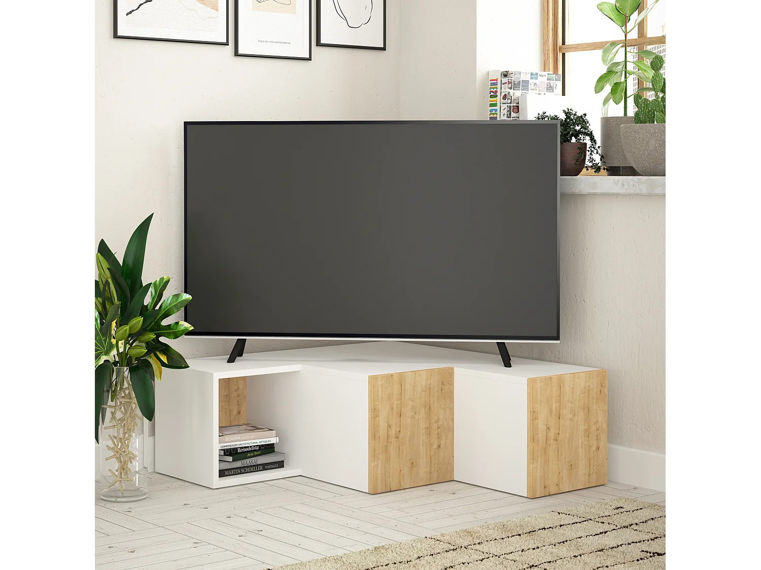 TV - Ständer COMPACT - Weiß-Eiche - 94,2 x 90,6 x 31,4 cm