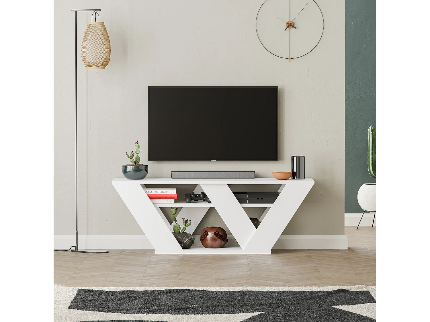 Decortie Blanc 30x110x40cm Meuble TV Pour téléviseurs jusqu'à 42" Panneau de particules Centre multimédia Pipralla