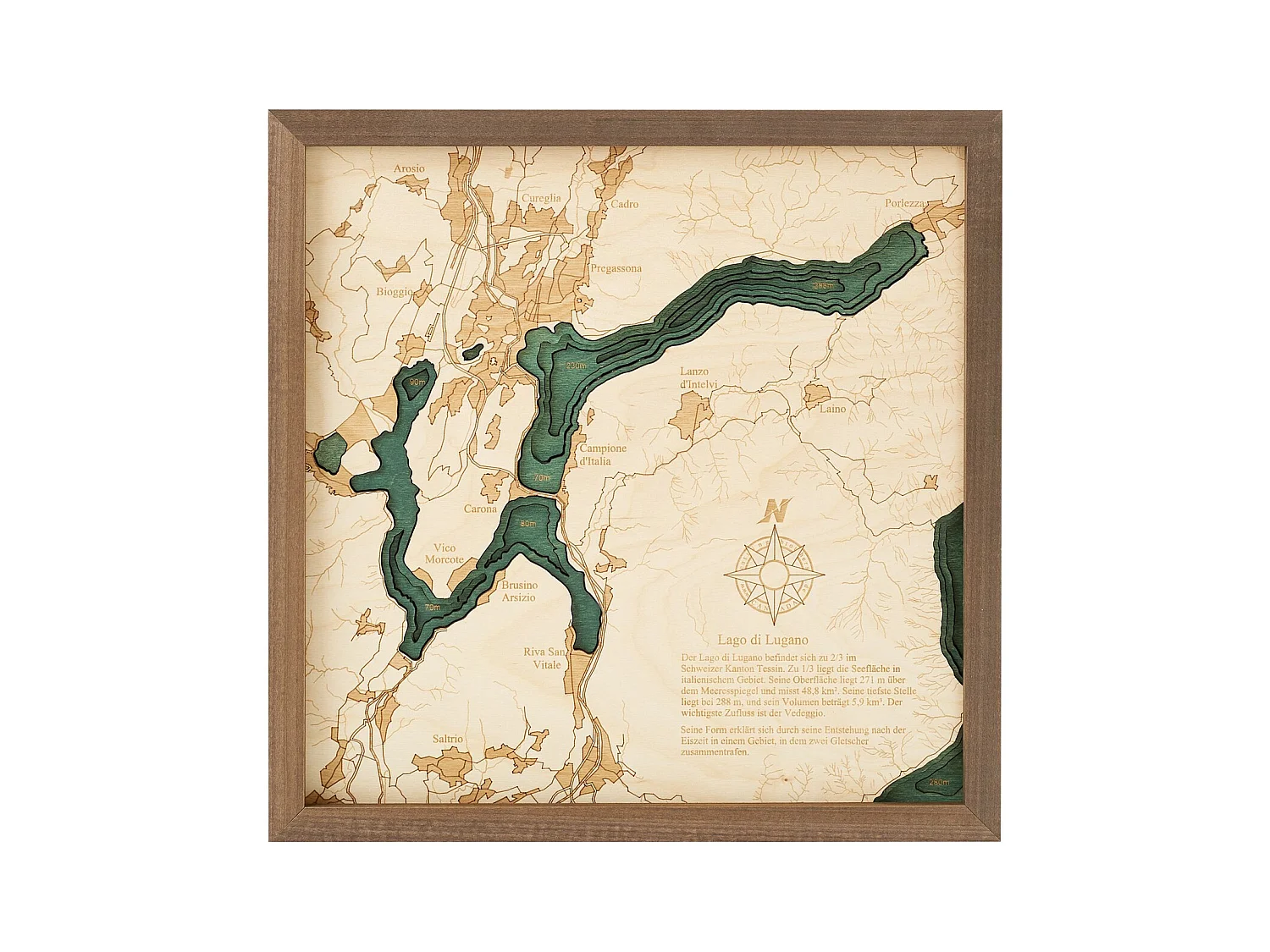 Carte 3D avec Cadre Lac de Lugano S, Multicouleur, 35x6x35 cm, CUTTING BROTHERS