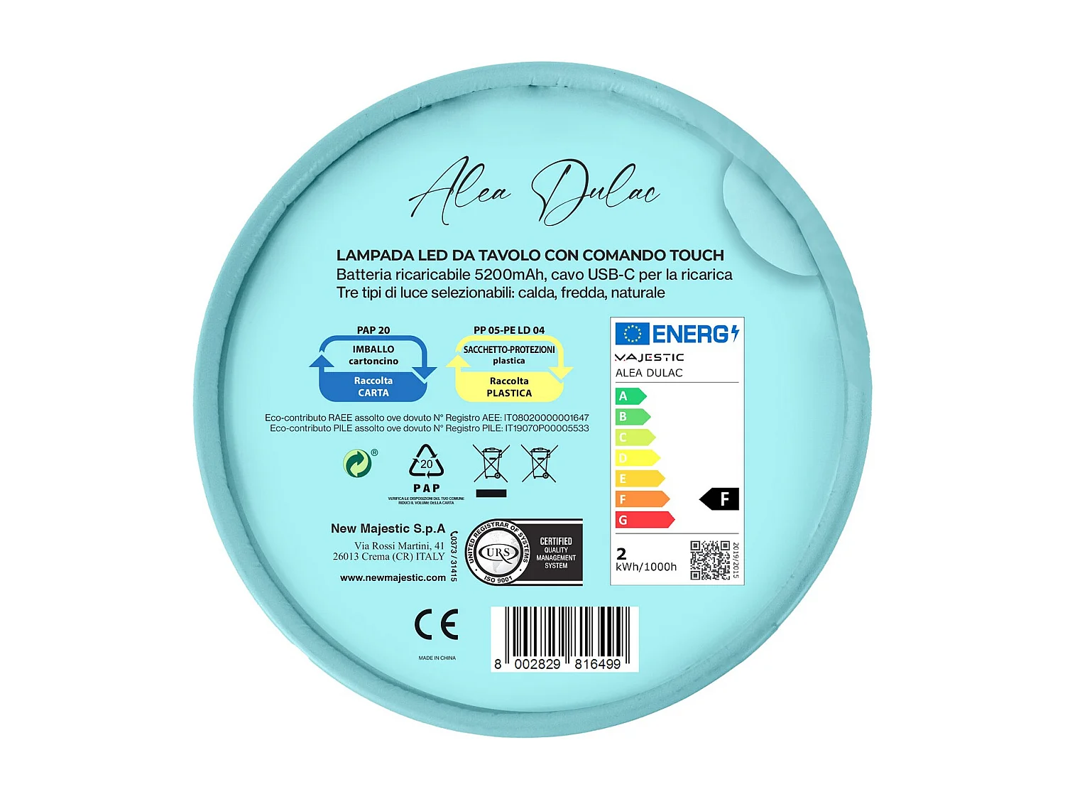 Lampe à Poser Rechargeable Alea Dulac, Bleu, 12x12x37 cm, Majestic