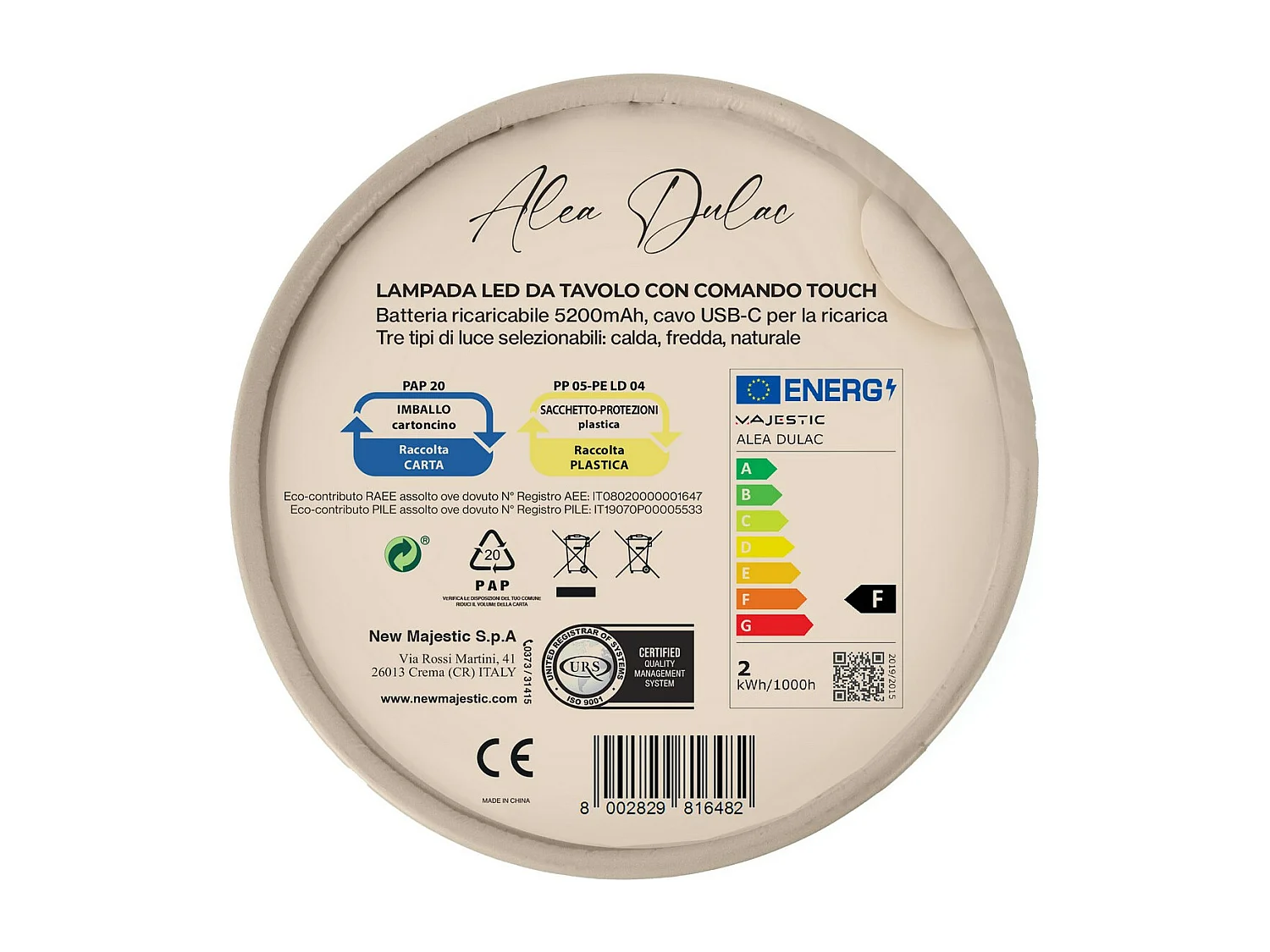 Candeeiro de Mesa Recarregável Alea Dulac, Bege, 12x12x37 cm, Majestic