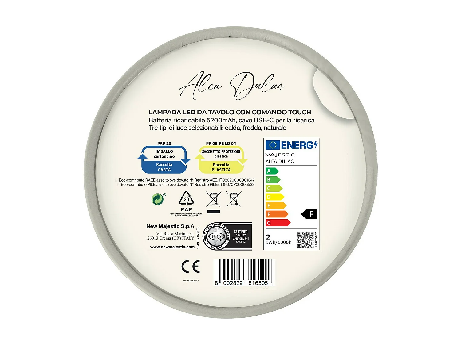 Lampe à Poser Rechargeable Alea Dulac 1, Beige, 12x12x37 cm, Majestic